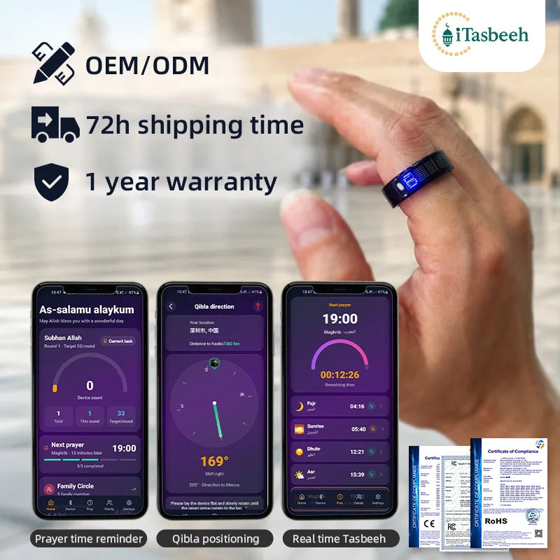 SQ666 Smart Zikr Tasbeeh Steel Ring with Magnetic Charging Case LED Display Comprehensive Health Monitoring Gift