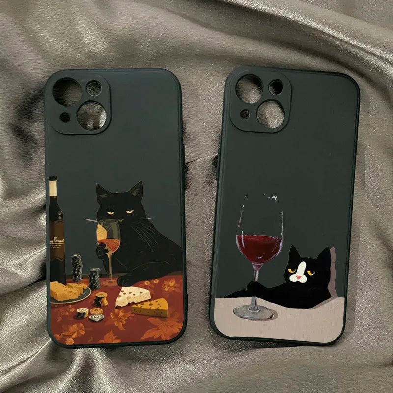 INS Cartoon Red Wine Black Cat Phone Case For Samsung Galaxy S23 S24 S25 Ultra S22 S21 S20 Plus FE A15 A35 A54 A55 A73 Cover