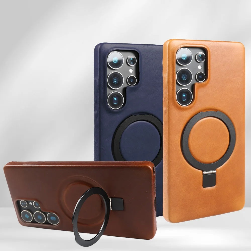 Luxury Magnetic Ring Genuine Leather Case For Samsung Galaxy S25 Ultra S24 S25edg S23 S22 S21 S20 S23 Stand Bracket Phone Cases