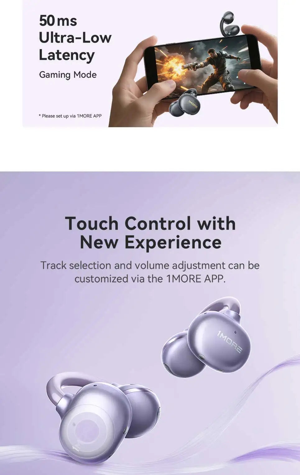1More Open Ear Bluetooth Earbuds Wireless Ear Clip S21 Bluetooth 6.0 LDAC Wireless Hi-Res Audio Earphones IPX5 26H Battery Life