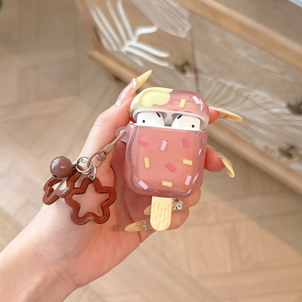 Cute Wavy Edge Ice Cream Earphone Case For AirPods 1 2 3 4 Pro 2 Bluetooth Headphone Charging Box Protective Cover With Pendant
