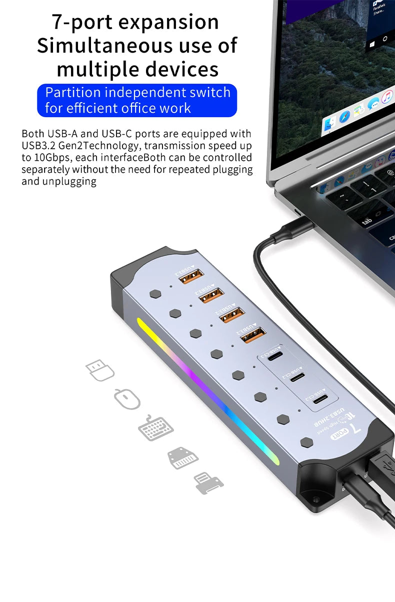 7Port USB 3.2 USB-C Hub 10Gbps USB-A USB-C Ports Splitter Individual Switches 12V US/EU Power Adapter Expander for Laptop PC