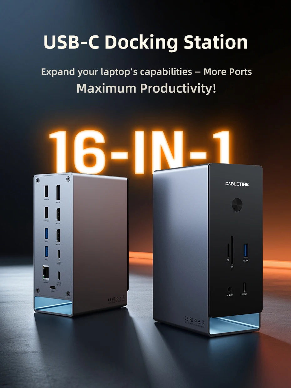 CABLETIME 16 IN 1 USB C Docking Station 4K HDMI-compatible M.2 SSD Enclosure Ethernet 100W PD Dock Hub SD/TF Working Station