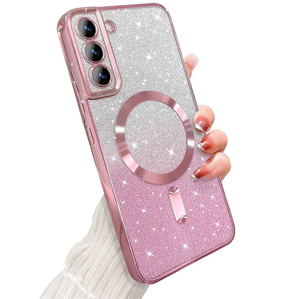 Glitter Magnetic Case For Samsung Galaxy S26 S24 Ultra S23 S22 S21 Plus S20 FE A56 A55 A36 Plating Wireless MagSafe Bright Cover