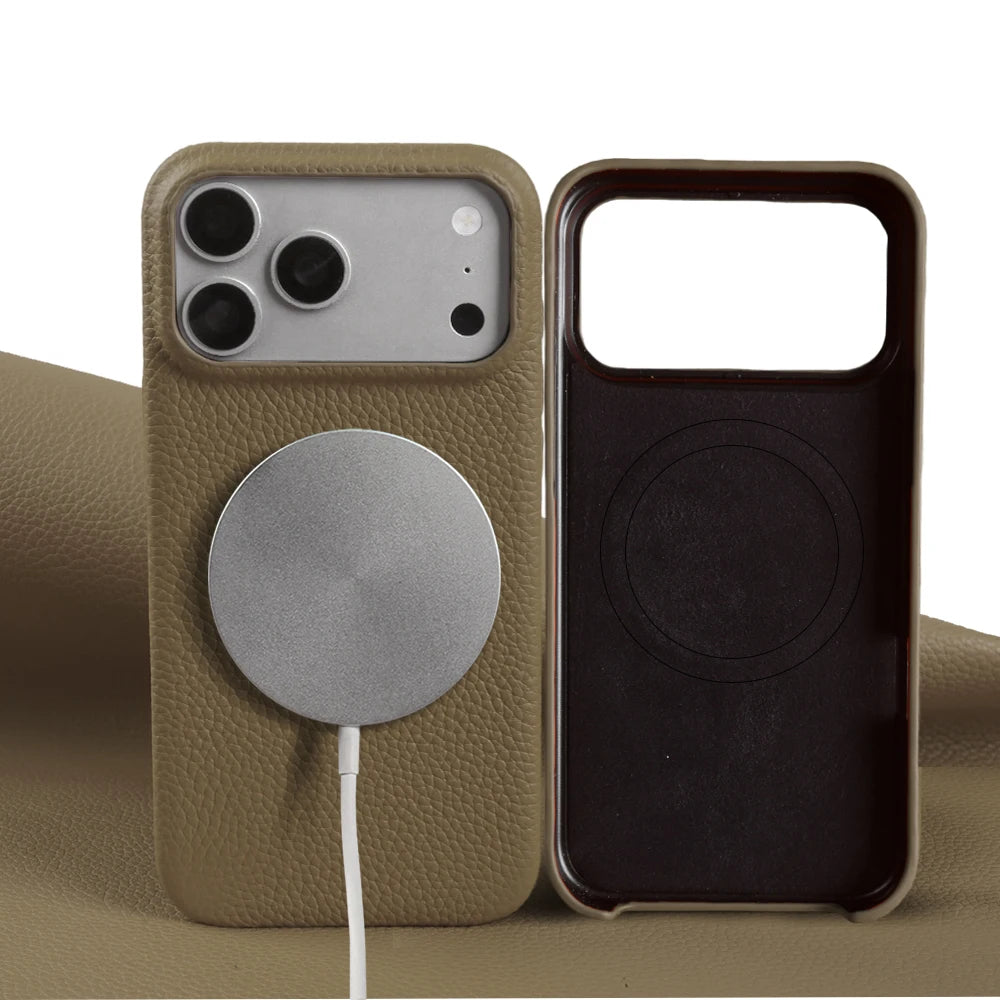 For Magsafe Magnetic Lychee Genuine Leather Case For iphone 17 Pro Max Air 13 14 15 16 Pro Max 16e 17e Phone Back Cover Cases