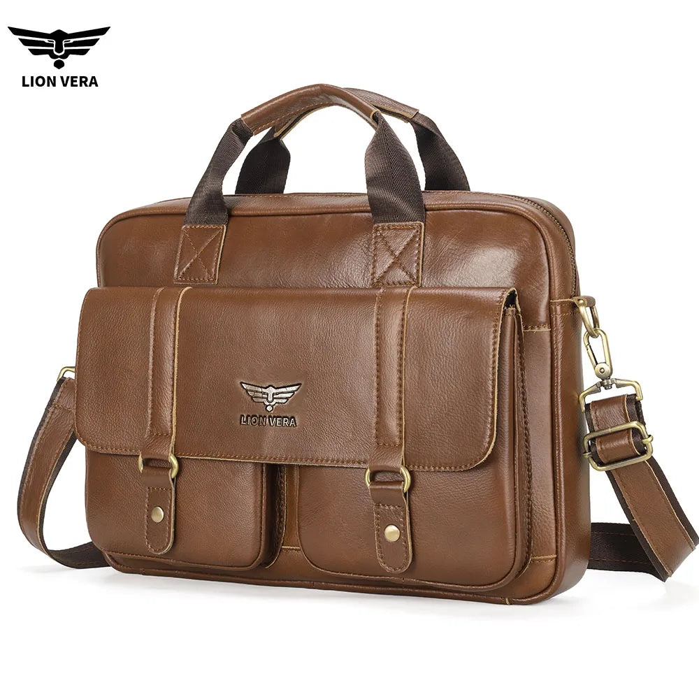 LION VERA Men's Genuine Leather Briefcase Business Casual Commuting Bag Portable Crossbody Shoulder Bag 15.7-inch Laptop Bag