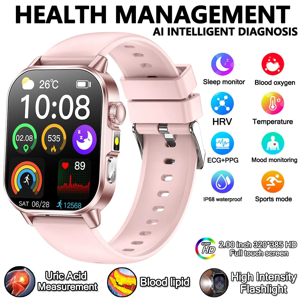 2026 New Model Uric Acid & Lipid Health Analysis Smart Watch Men ECG+PPG Bluetooth Call 2.01-inch Flashlight Smartwatch Women