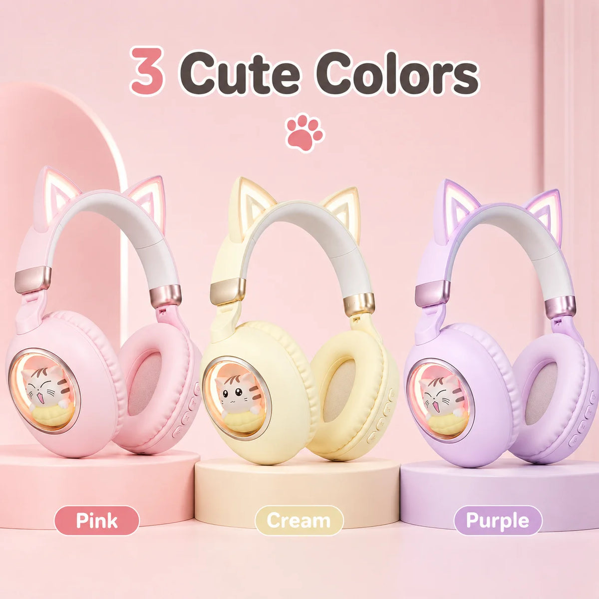 Kids Wireless Headphones Bluetooth 5.4 Cat Ear RGB Light Over-Ear Headset with 400mAh Battery, 20H Playtime, Low Latency