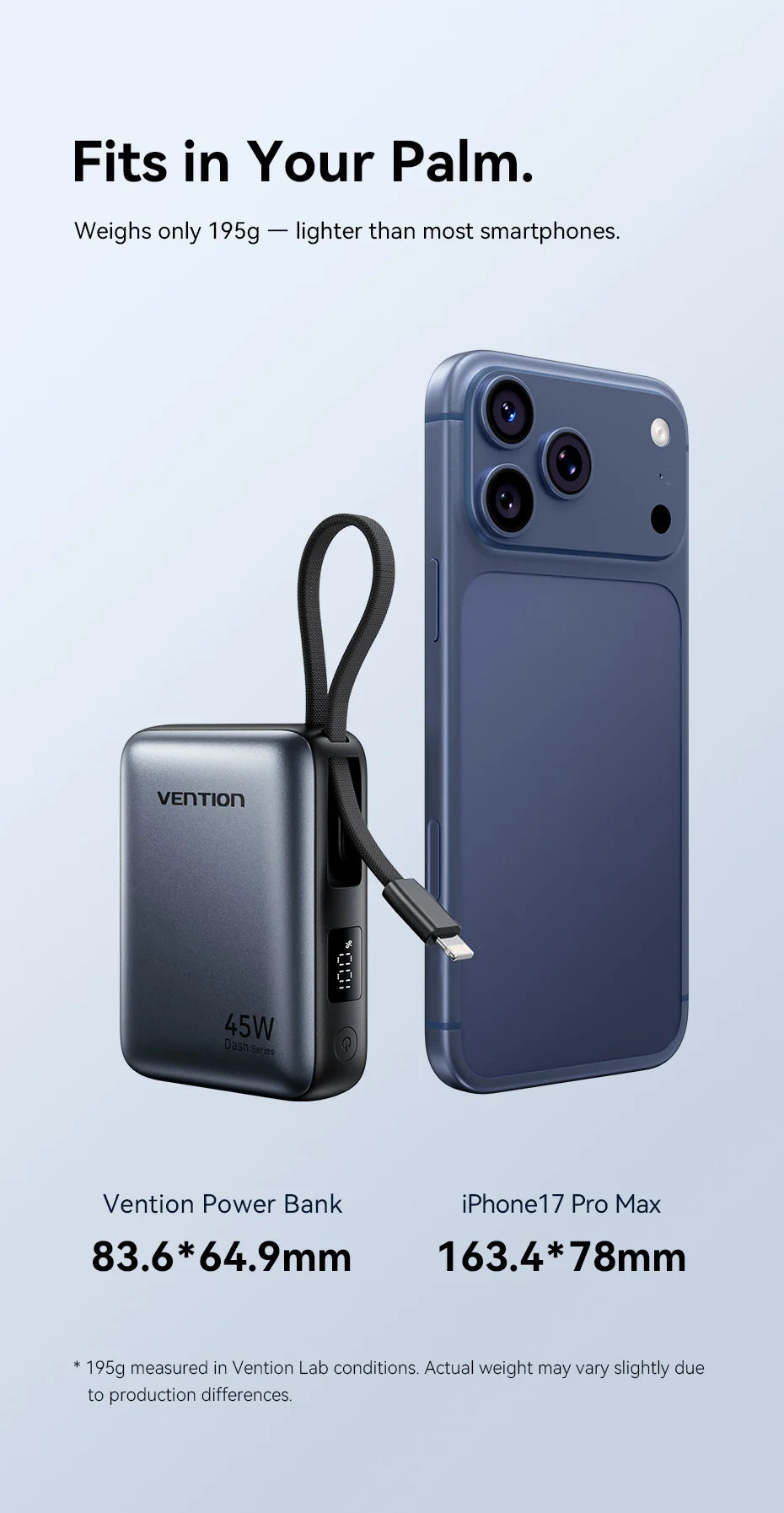 Vention 45W 10000mAh Power Bank Built-In USB-C Cable Portable Powerbank for iPhone 17 Samsung S26 Pocket-Sized Auxiliary Battery