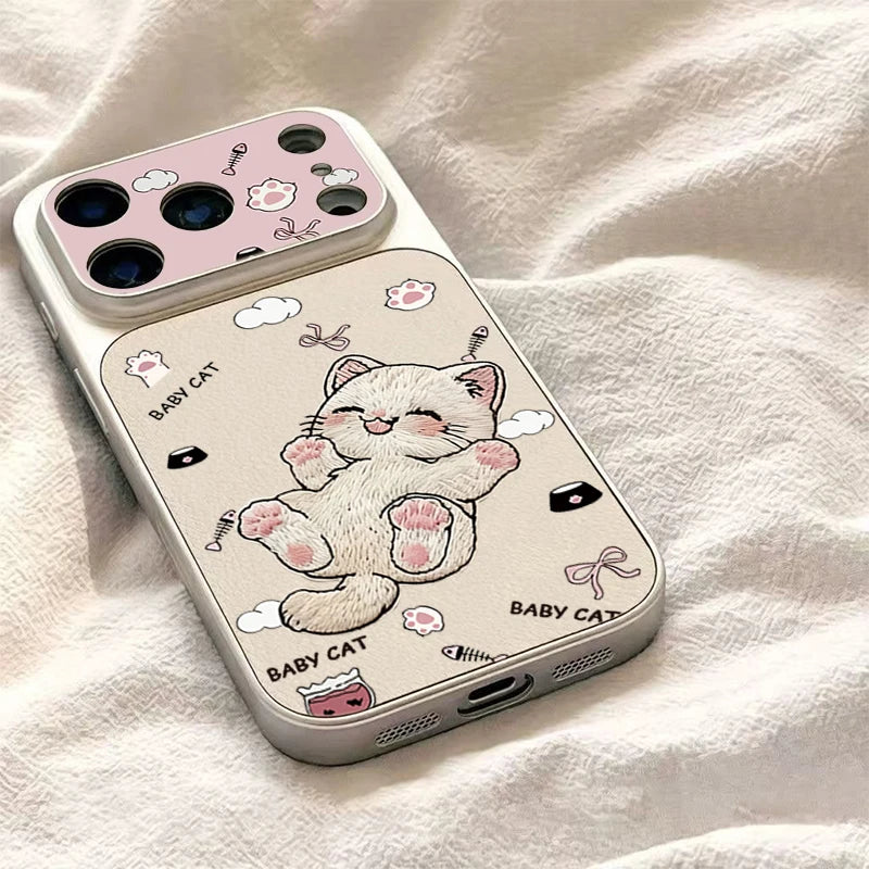 Embroidere Cat Large Viewing Window Phone Case For iPhone 17 Air 16 15 14 13 12 11 Pro Max Pro Dustproof Hard Skin texture Cover