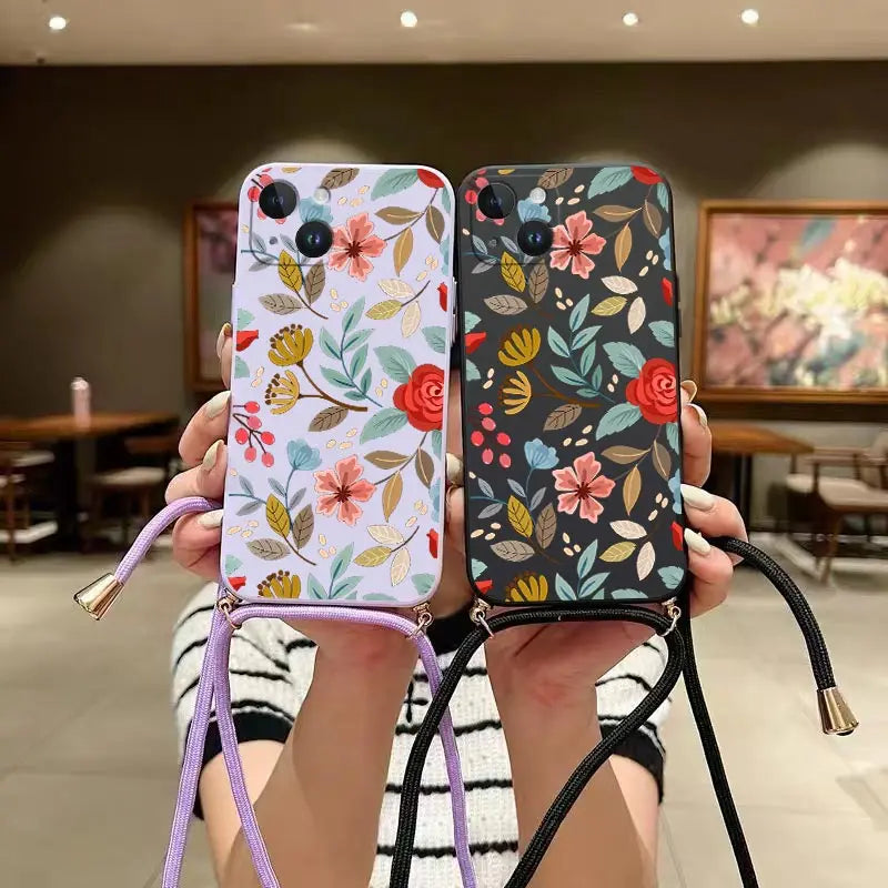 Five Petals Flower Crossbody Lanyard Silicone Phone Case For iPhone 13 15 12 14 11 Pro Max Mini X XR XS 8 7 6 6S Plus Cover