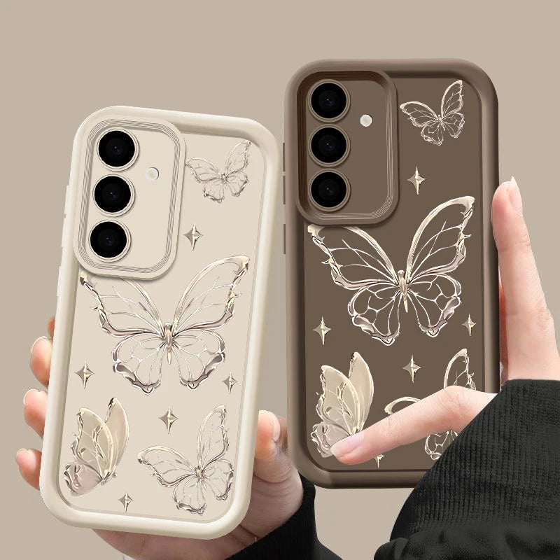 Gold Butterfly Print Case For Samsung Galaxy S26 S25 S23 Ultra S24 FE A57 A56 A17 A36 A26 A55 A16 A15 A35 A25 5G Soft TPU Cover