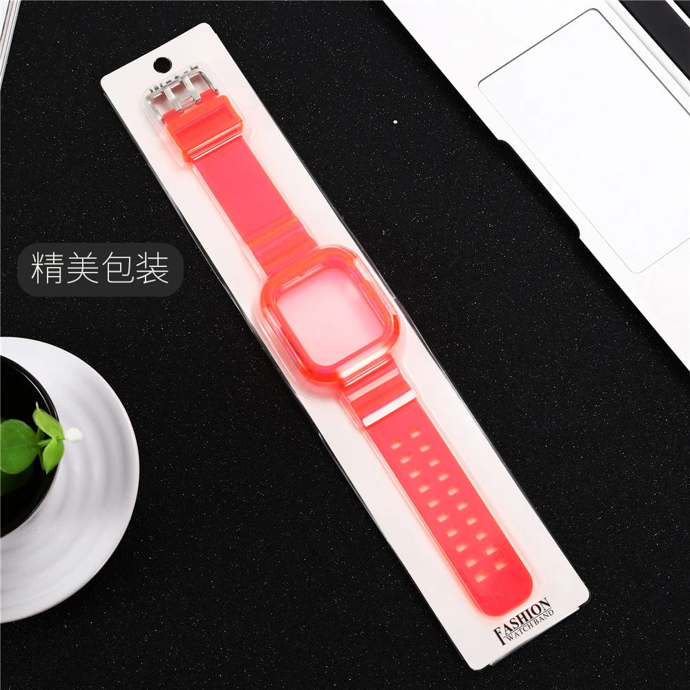 Clear Band + Case for Apple Watch Series 9 8 7 6 SE 5 49mm 45mm 44mm 38mm 41mm Transparent for iwatch 10 46mm 42mm Plastic Strap