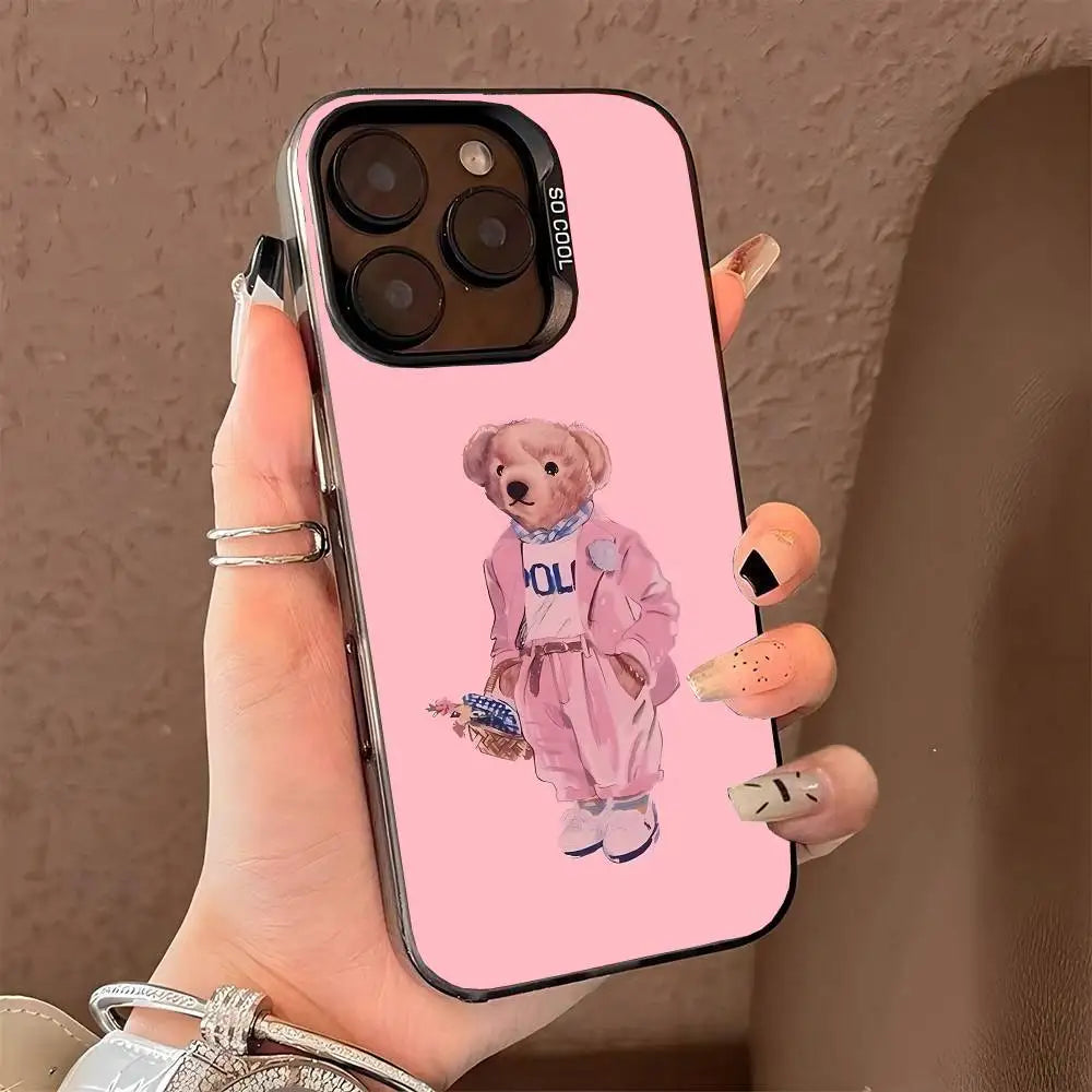 1PC Fashion Bear P-Polo Phone Case For IPhone 17 Air 16 15 14 13 12 11 Pro Max Plus Color Shockproof Back Silver Cove
