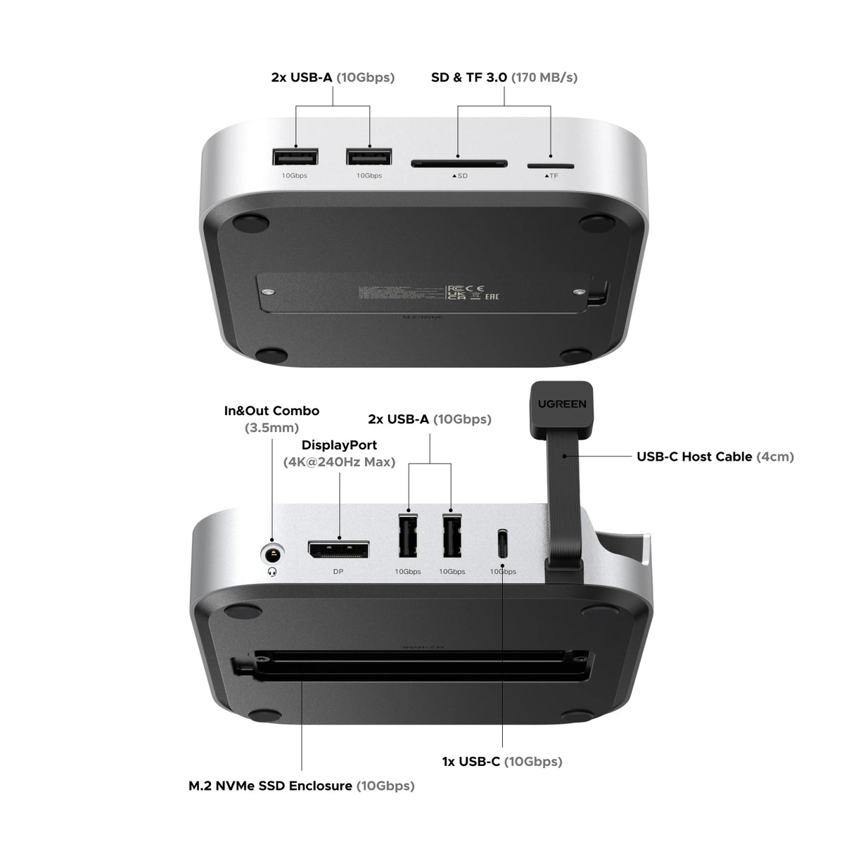 UGREEN Mac Mini Docking Station USB HUB Type-C to DP 4K240Hz M.2 NVMe SSD Slot 10Gbps SD&TF 3.5MM for Mac Mini M4/M5Pro/M6Stand
