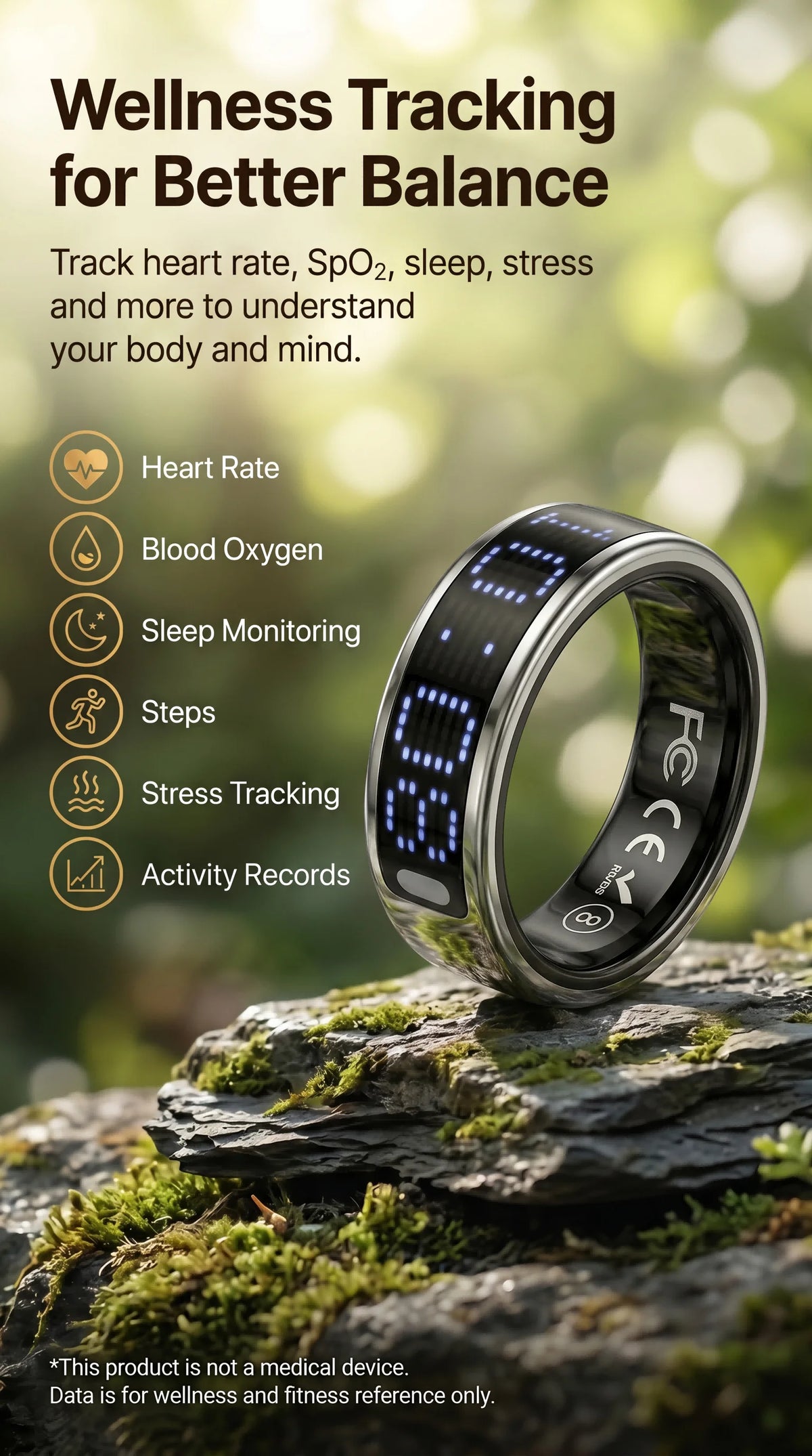 SQ666 Smart Zikr Tasbeeh Steel Ring with Magnetic Charging Case LED Display Comprehensive Health Monitoring Gift