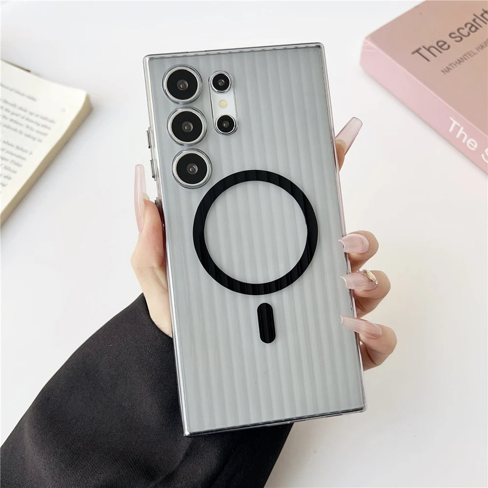 Matte Clear Corrugated Phone Case For Magsafe Samsung Galaxy S25 Ultra S24 S23 Plus Ultra Wireless Charging Magnetic Cover