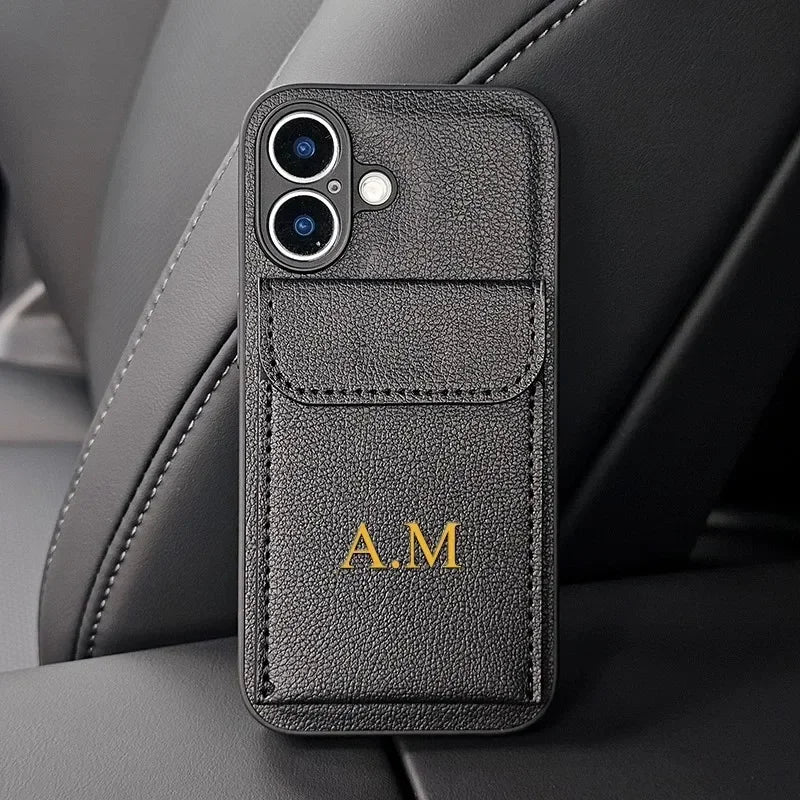 Personalised Customized Name DIY Case For iPhone 17 16 15 14 13 12 11 Pro Max Xs Max Air Luxury Leather Card Holder Cover Funda