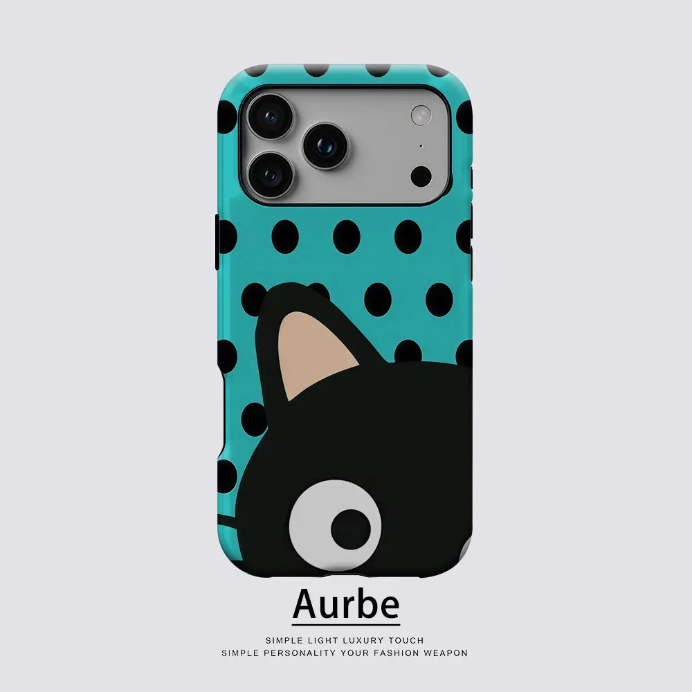 Aurbe Matte 2-in-1 Film Magsafe Case For iPhone 17 16 15 14 Plus 17 Pro Max Shockproof Hard Shell Turquoise Polka Dot Cat Case