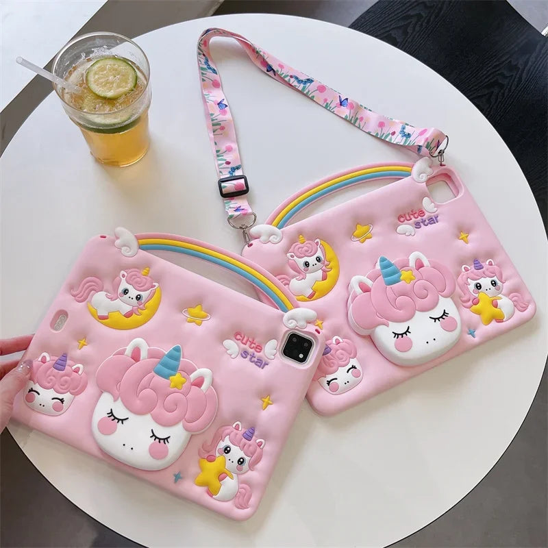 Kids Silicone Case For New iPad A16 11th/10th Generation iPad Air11 M3 M2 Mini Air 7 6 5 4 Pro11 M4 Cartoon Unicorn Holder Funda