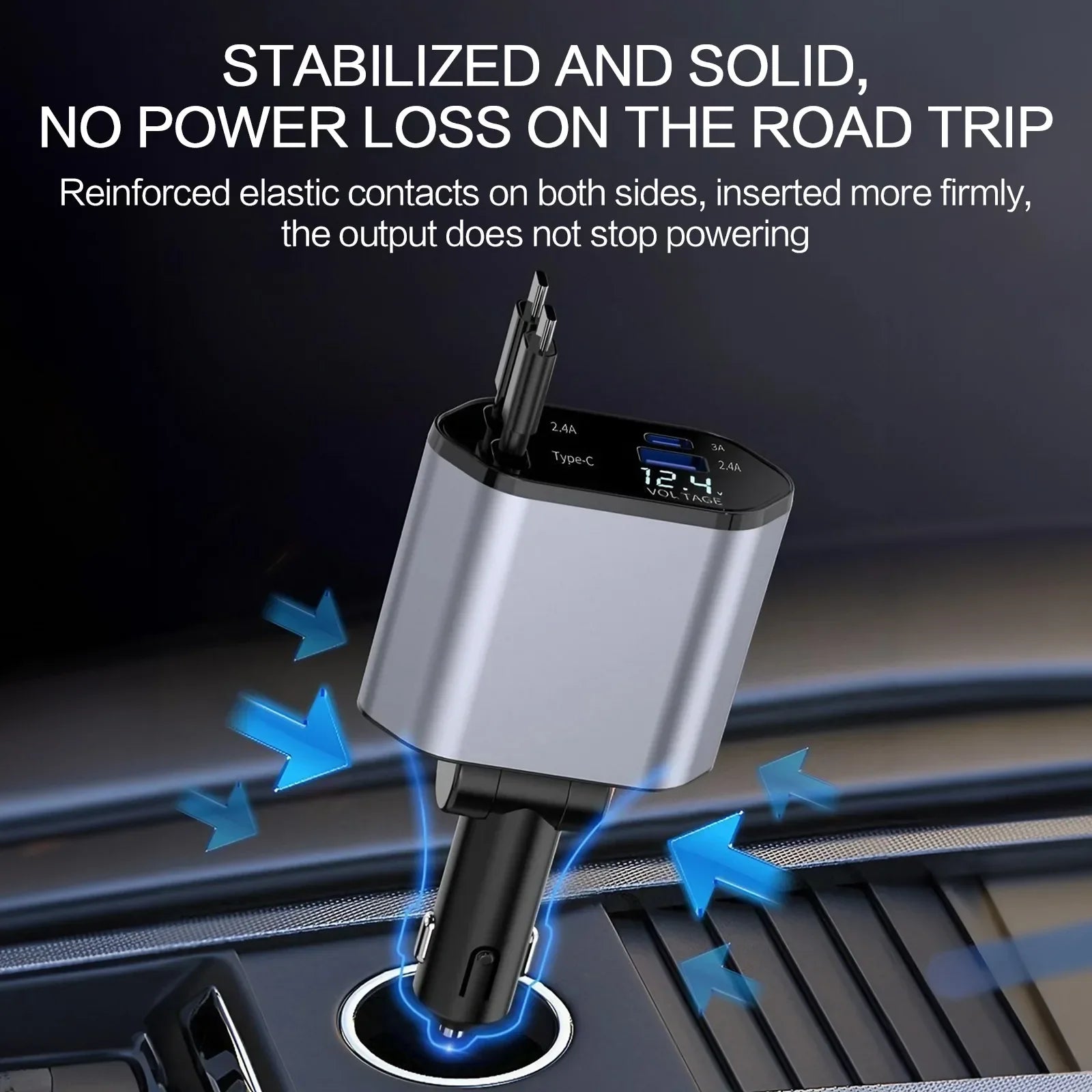 4 in 1 Retractable Car Charger Fast Charging Car Charger  with USB Type-C Cable & 2 Type C Charging Ports, Universal Car Charger