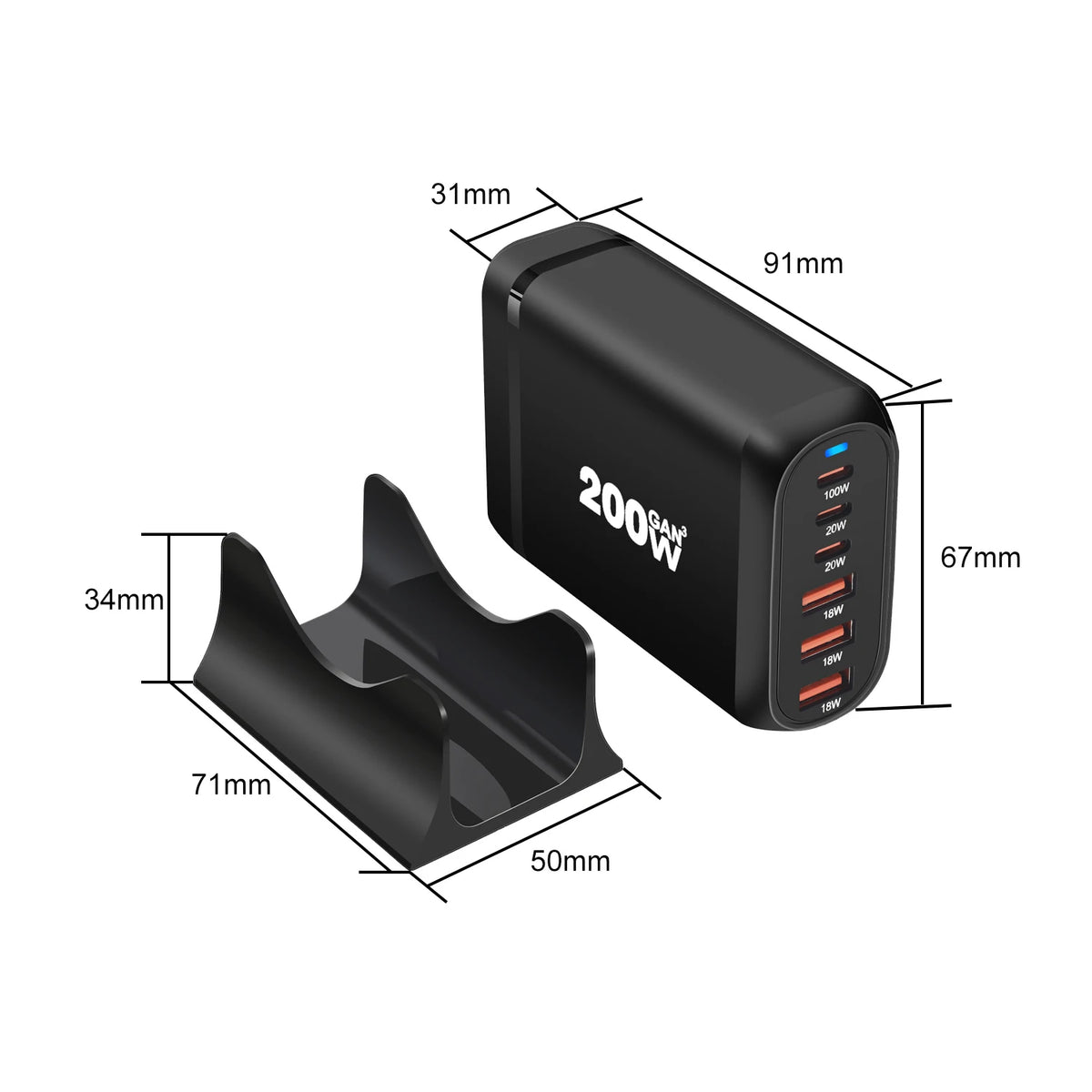 200W 3A3C GaN Charging Station Block Hub 6-Port USB Type C PD Charger Quick Charge 3.0 for Laptop 3A3C GaN Quick Charger