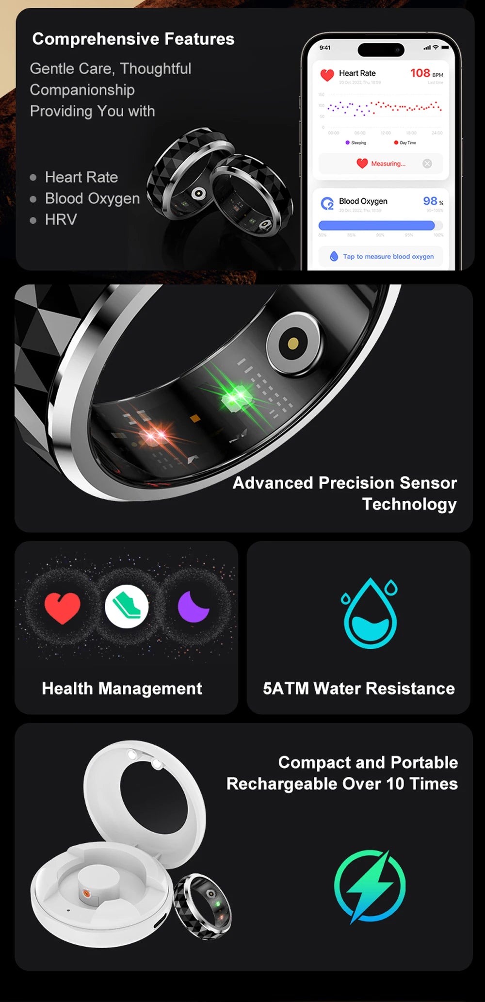 2024 COLMI R11 Smart Ring, Fidget Spinner Anxiety Relieve Ring with Charging Case for Men, Health Sleep Monitor, 5ATM Waterproof