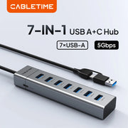 CABLETIME 7 IN 1 USB A Hub USB C HUB USB 3.0 5Gbps Fast Data Transfer Aluminum Durable Shell for Laptop Mac TV Hard Drive C HUB
