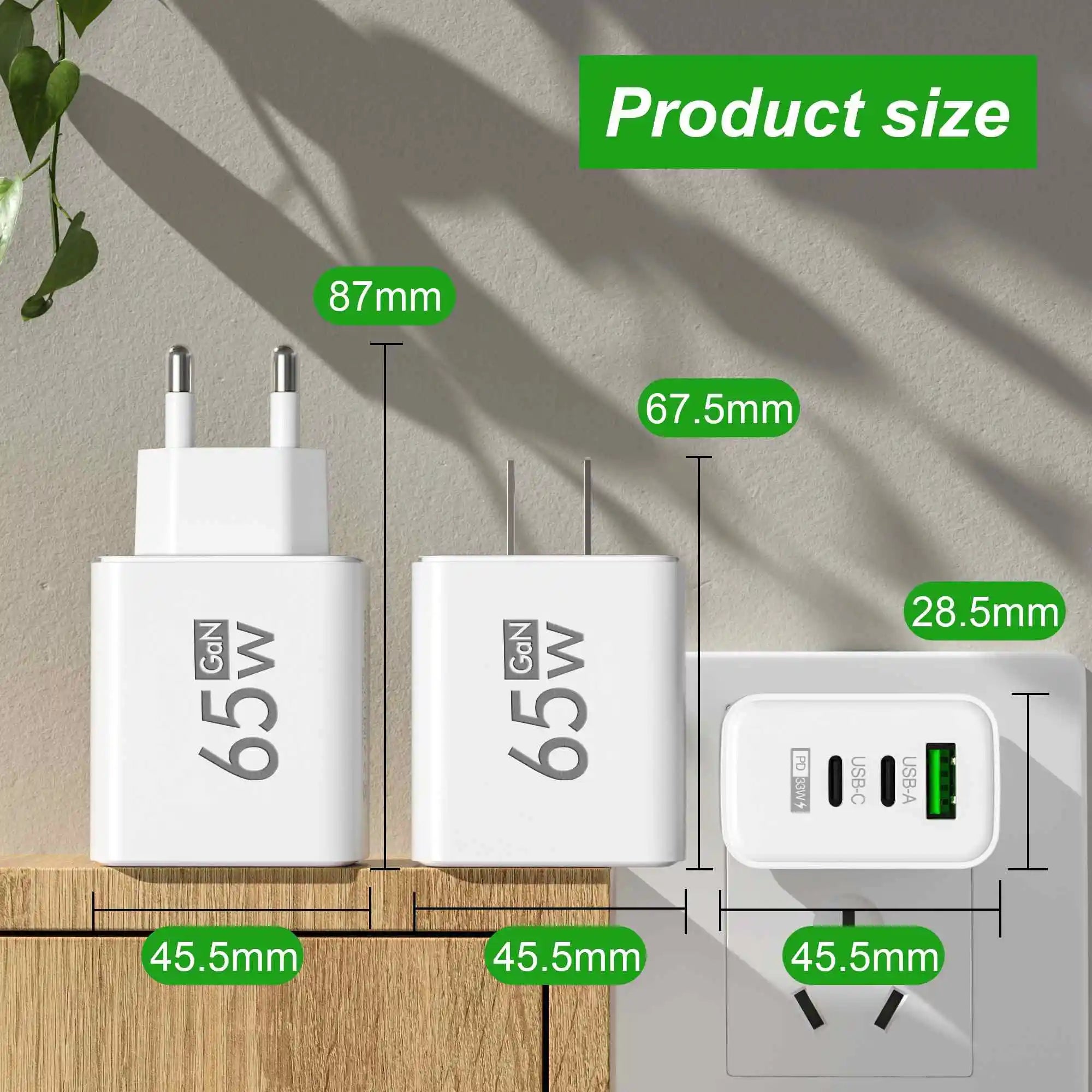 65W GaN Fast Charger PD 3.0 USB C Wall Charger 3 Ports QC3.0 For iPhone 15 16 Pro Samsung Xiaomi EU US Plug Mobile Phone Adapter