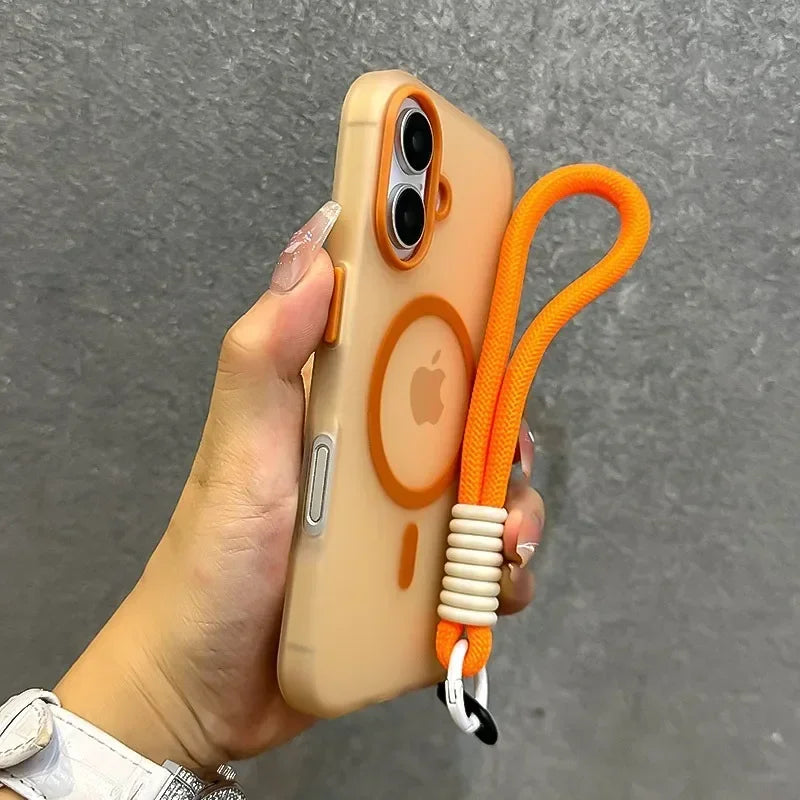 for Magsafe Candy Color Contrast Lanyard Case for iPhone 16 15 14 11 12 13 Pro Max Plus 16e Hand Wrist Strap Matte Soft Cover