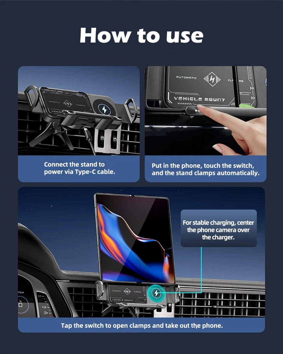 Car Wireless Phone Holder Fast Charging Air Vent Mount Screen Phone Stand for Samsung Galaxy Z Fold 6 5 Flip 4 3 Tablet Holder