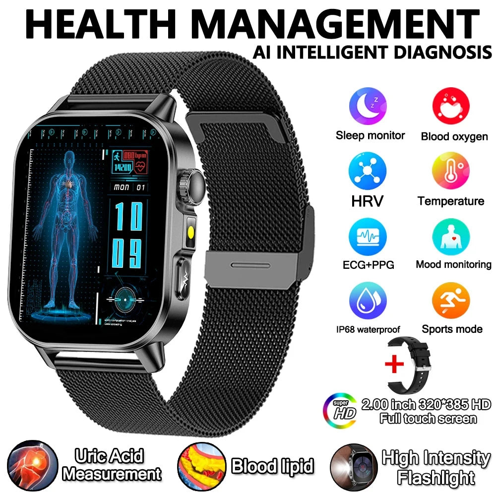 2026 New Model Uric Acid & Lipid Health Analysis Smart Watch Men ECG+PPG Bluetooth Call 2.01-inch Flashlight Smartwatch Women