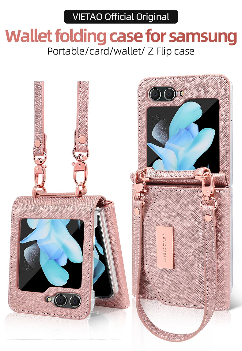 Compatitable With Galaxy Z Flip 8 Case, Girls Women Leather Wallet Phone Case With Hand Strap For Samsung Z Flip 7 Flip 6 5 4 3