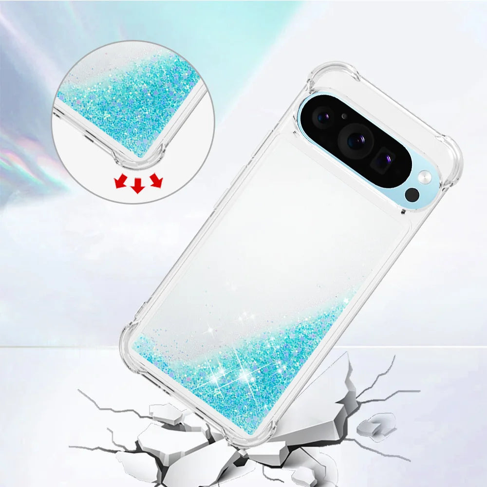 Cute Bling Glitter Liquid Quicksand Phone Case For Google Pixel 10 9 8 Pro XL 9A 8A 7A Anti Fall Protect Clear Soft Back Cover