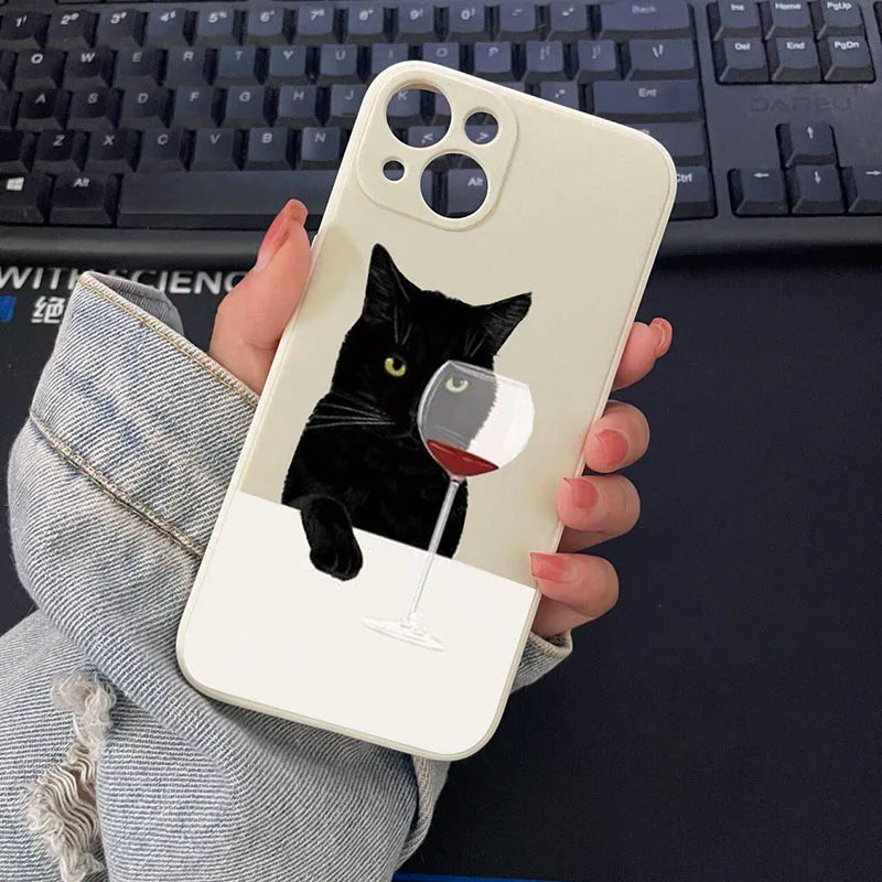 INS Cartoon Red Wine Black Cat Phone Case For Samsung Galaxy S23 S24 S25 Ultra S22 S21 S20 Plus FE A15 A35 A54 A55 A73 Cover