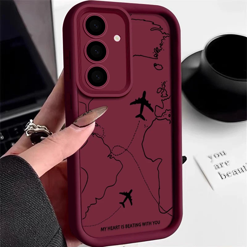 Airplane Route Silicone Case For Samsung Galaxy S25 FE Edge S26 S24 S23 Ultra S22 Plus A57 A37 A17 A14 A15 A55 A56 A36 A26 Cover