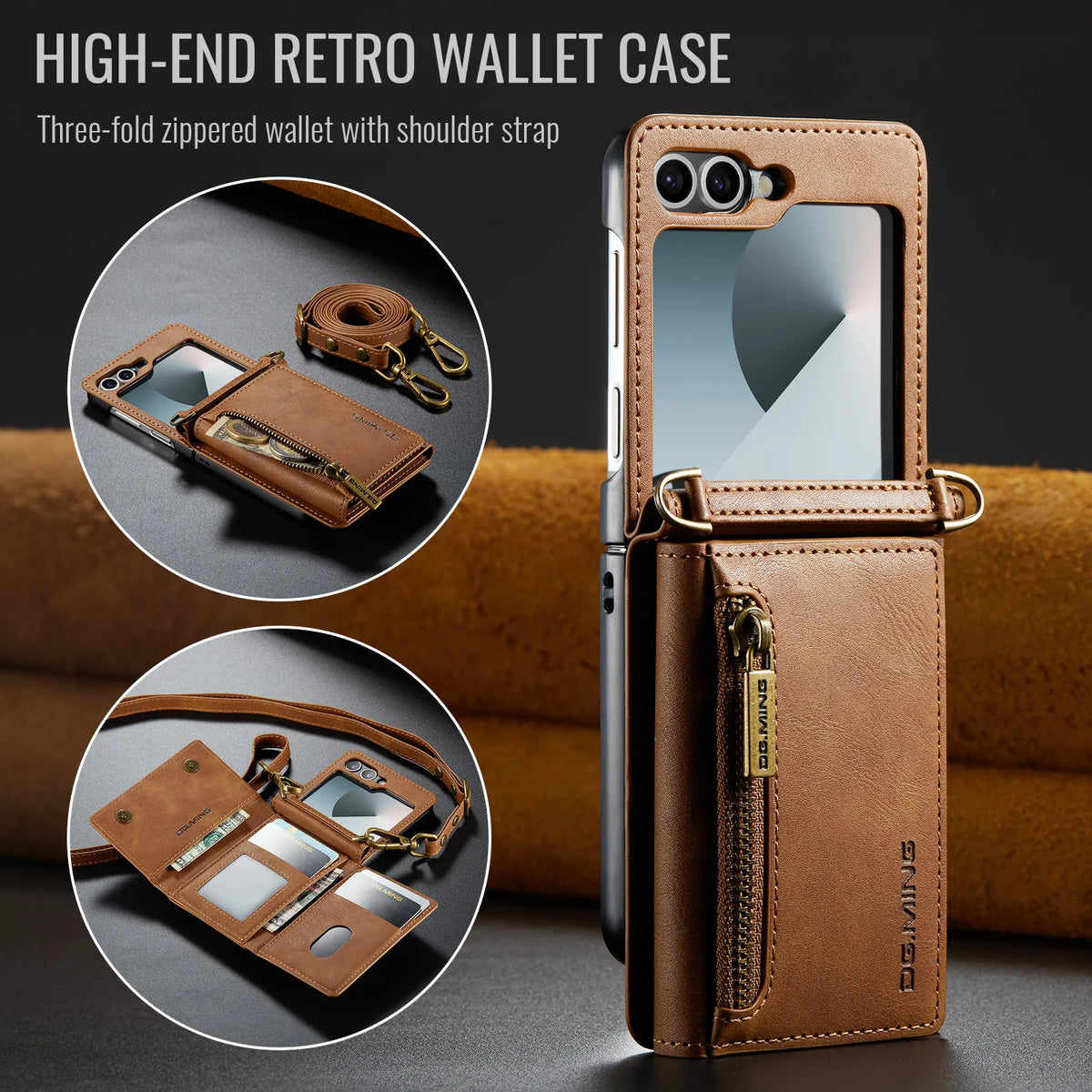 2 in 1 Luxury Leather Flip Phone Case For Samsung Galaxy Z Flip 8 7 6 5 4 3  Magnetic Wallet Card Solt Zipper Lanyard Cover ﻿