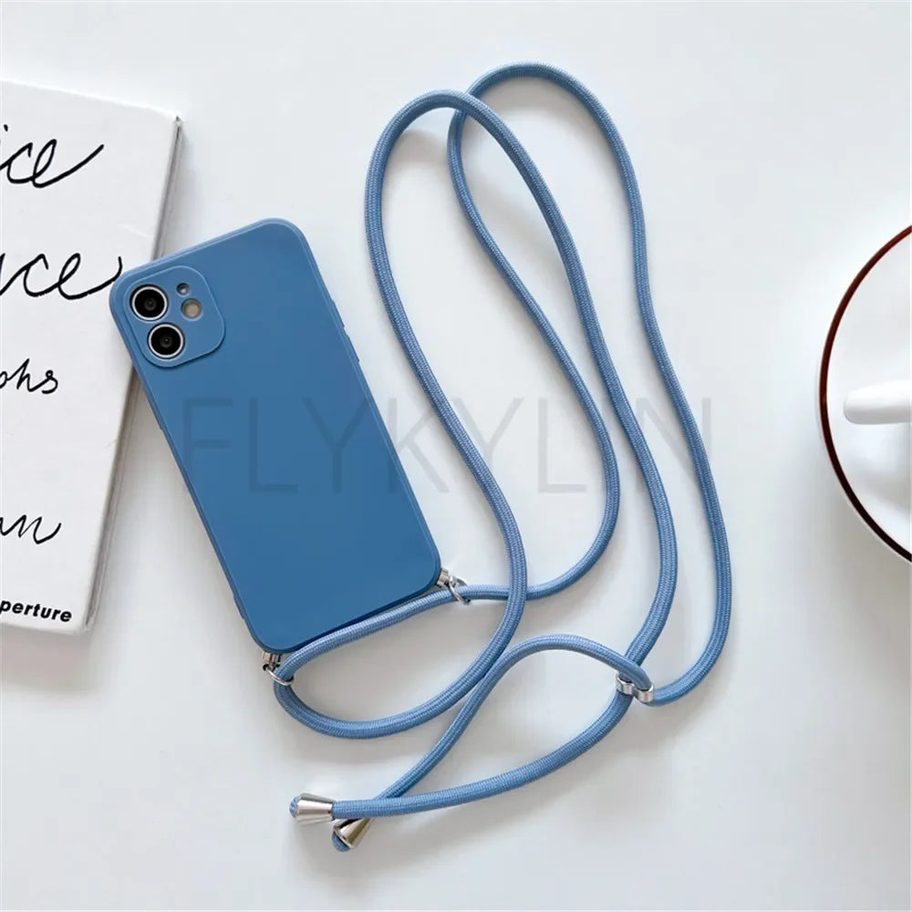Crossbody Necklace Strap Lanyard Cord Phone Case For iPhone 13 12 MiNi 11 14 15 Pro X XR XS Max 6S 7 8 Plus Soft Silicone Cover