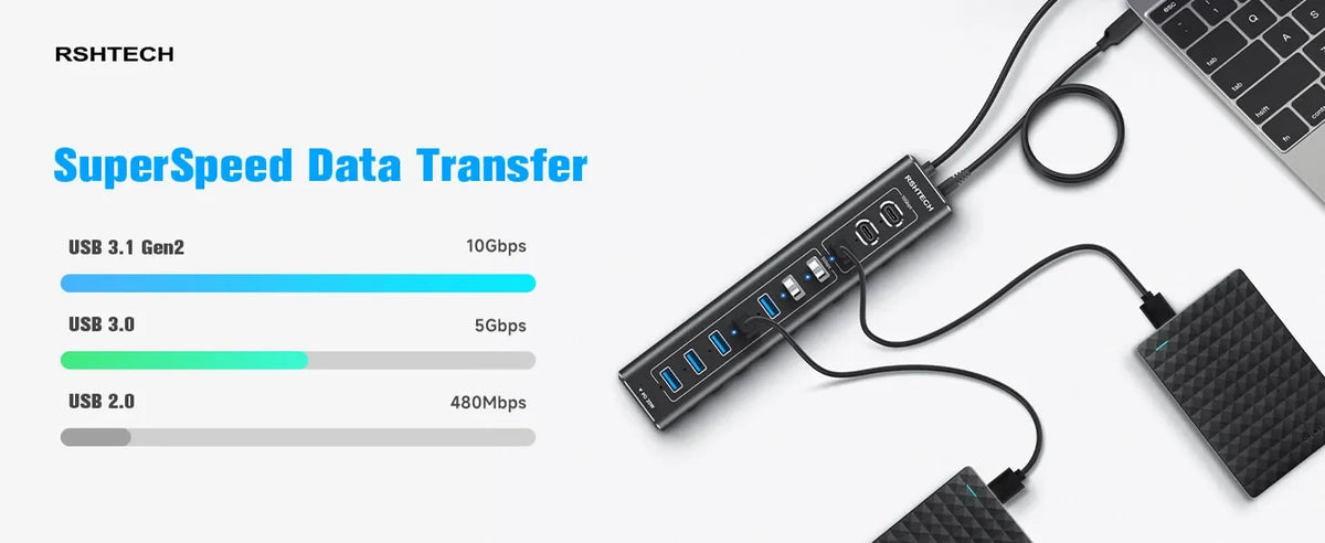 RSHTECH 60W USB 3.1 Hub 10Gbps for Laptop Macbook with 7 USB3.0 Port and 20W PD Aluminum USB Splitter Data Transfer Dock Station