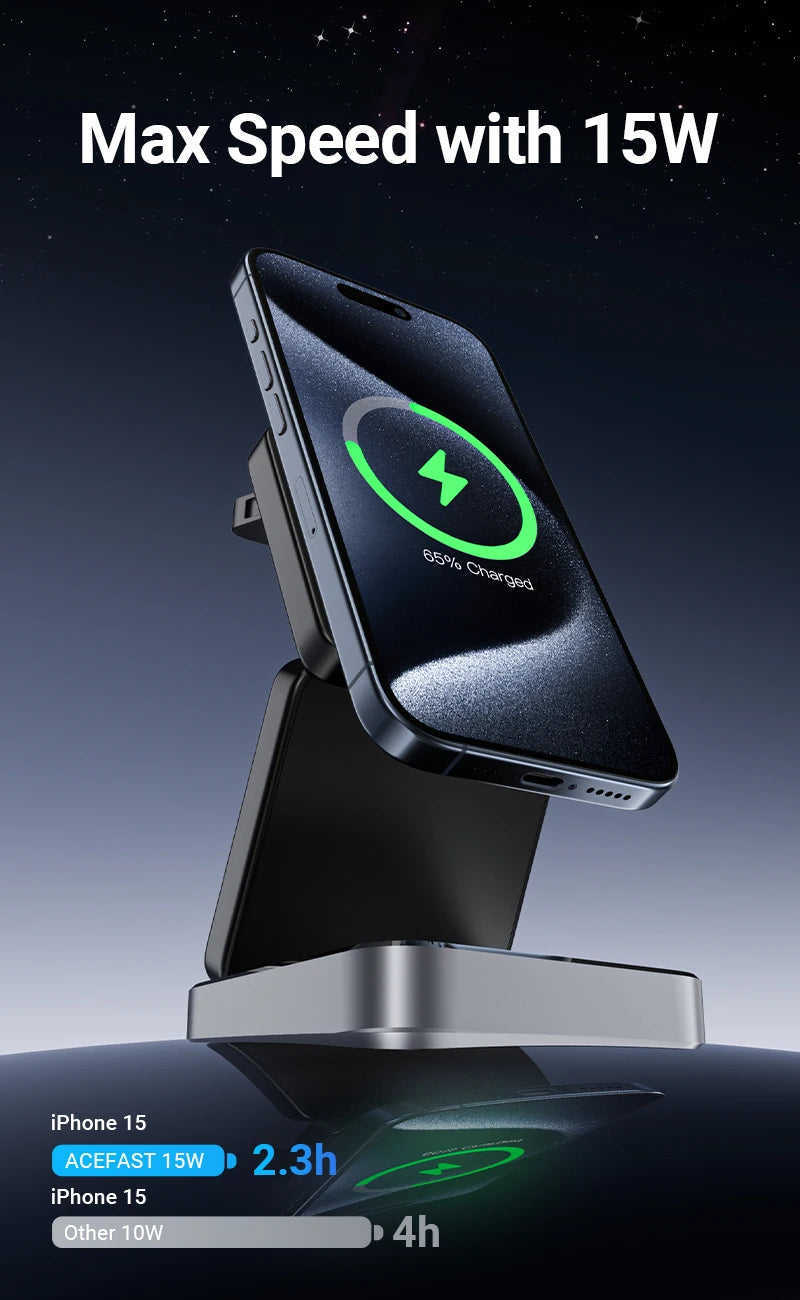 ACEFAST Aluminum Alloy 15W Wireless Magnetic Wireless Charging Holder For iPhone 16/15/14 Foldable 3 in 1 Charging Dock Station