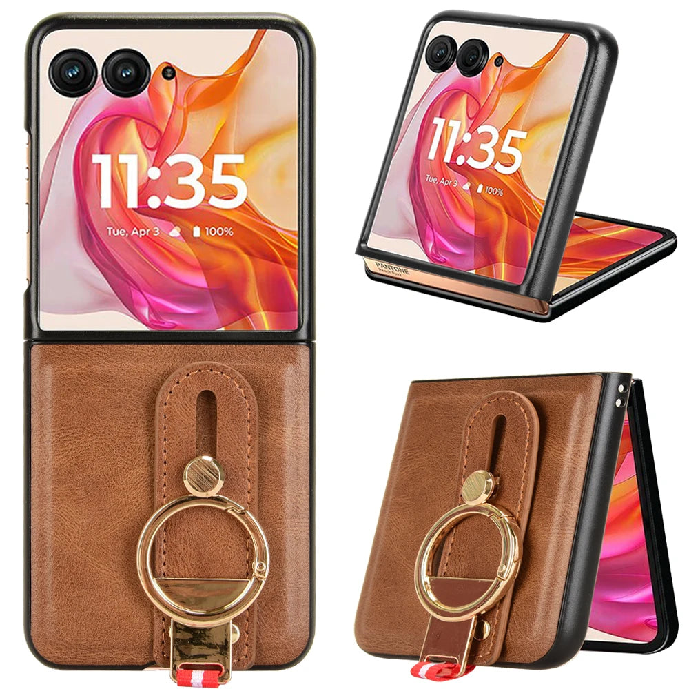 Luxury Wristband Leather Case for Motorola Razr 70 60 50 Ultra 2026 2025 2024 Moto Razr 40 Plus 2023 Cover Ring Opener Funda
