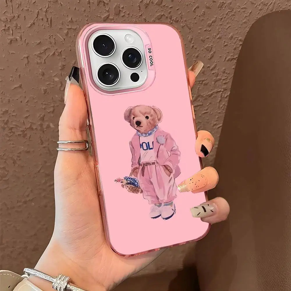 1PC Fashion Bear P-Polo Phone Case For IPhone 17 Air 16 15 14 13 12 11 Pro Max Plus Color Shockproof Back Silver Cove