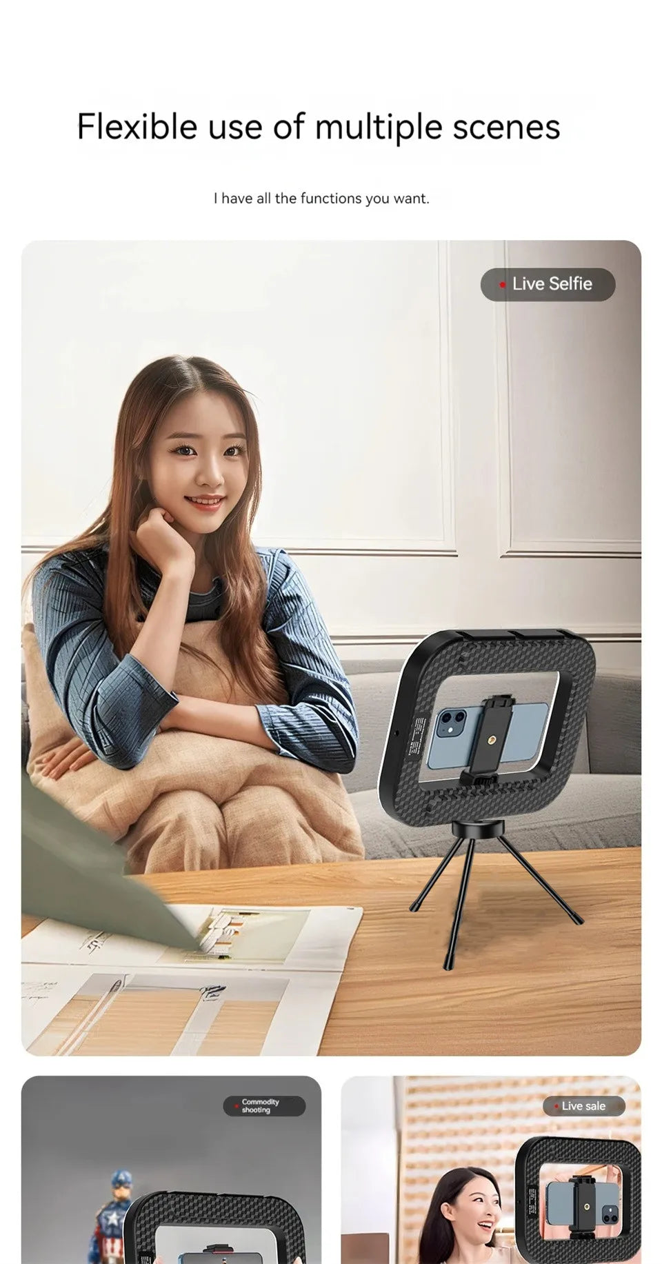 Roreta New Handheld Ring LED Rechargeable Fill Light Portable Mobile Phone Live Broadcast Selfie Photography with Phone Clip