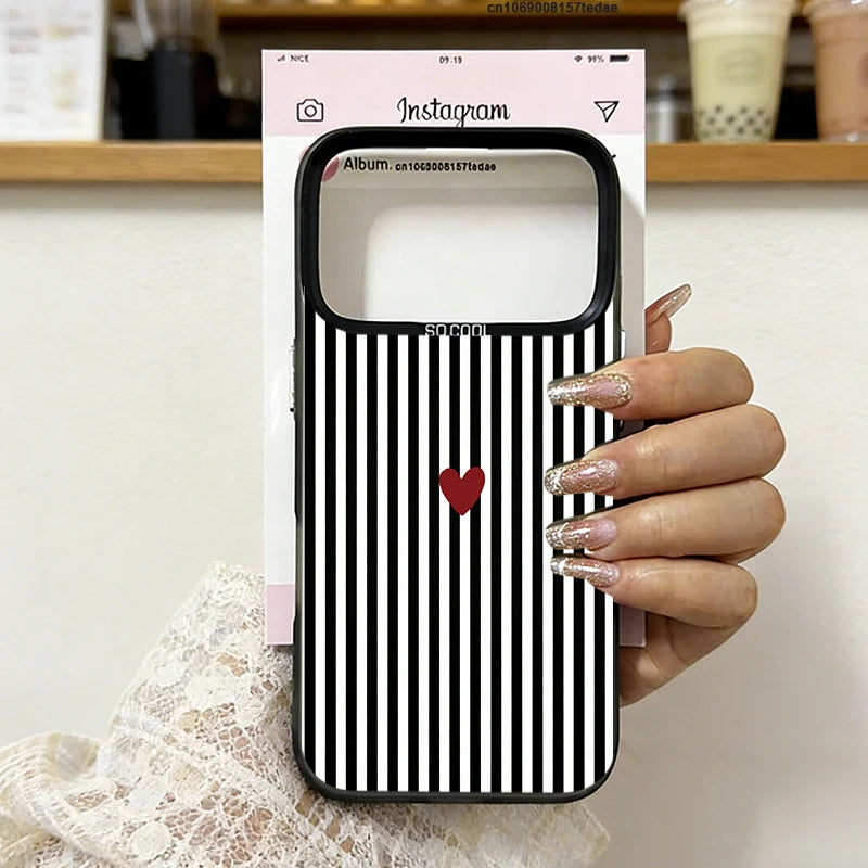 INS Cute Small Love Heart Fresh Phone Case For iPhone 16 17 Pro 15 17 Air 14 Plus 13 12 11 Pro Max Pink Blue Striped IMD Cover