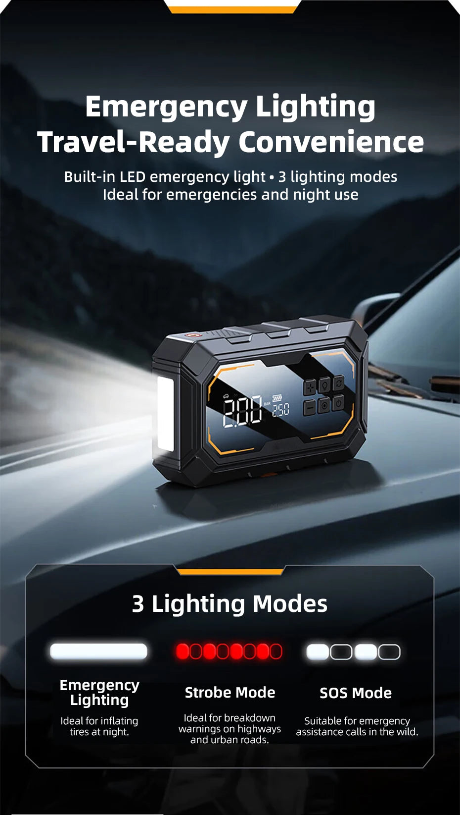 Vyvylabs Car Jump Starter with Air Compressor 150PSI Tire Inflator 4In 1 Emergency Battery Starter Power Bank LED Flashlight 12V