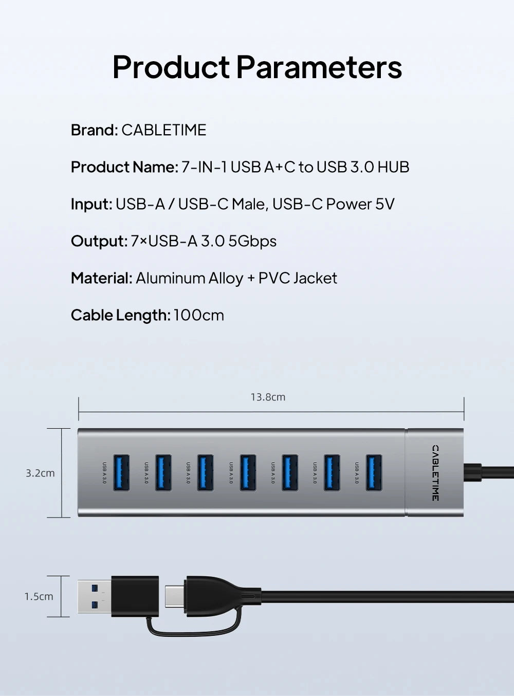 CABLETIME 7 IN 1 USB A Hub USB C HUB USB 3.0 5Gbps Fast Data Transfer Aluminum Durable Shell for Laptop Mac TV Hard Drive C HUB