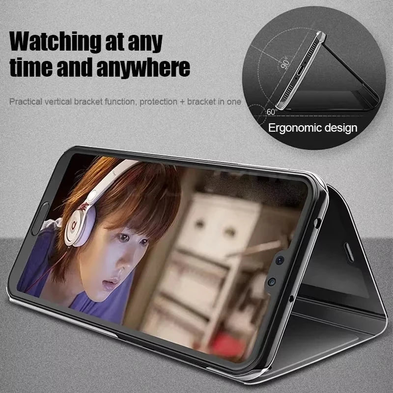 Mirror Flip Luxury Cases For Samsung Galaxy S26 Ultra S25 S23 S22 S21 Plus Fe Note 20 S24 Ultra Leather Texture Shockproof Cover
