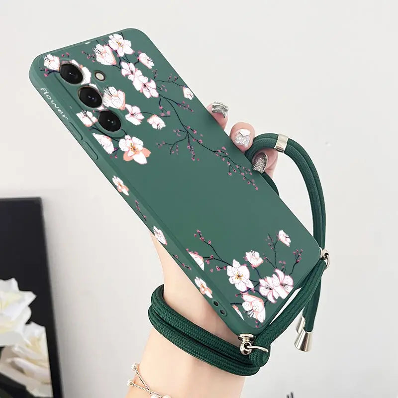 S24 Delicate Flowers Lanyard Silicone Phone Case For Samsung S24 S24Plus S21 S21FE S23FE S23Plus S22Ultra S20FE S24Ultra Cover
