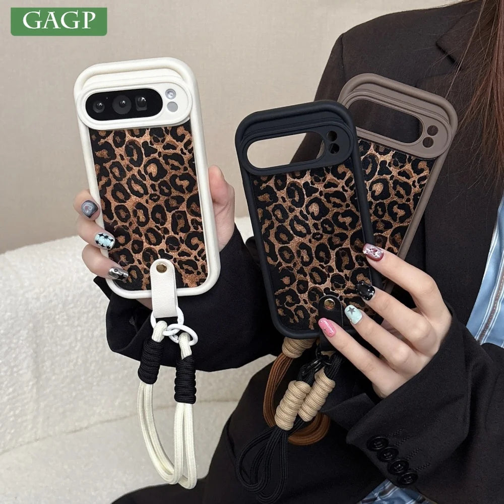 Winter Brown Silicone Leopard Wrist Strap Case For Google Pixel 7 8 9 10 Pro XL 7 8 9A Shockproof Bumper Nylon Lanyard New Cover