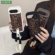 Winter Brown Silicone Leopard Wrist Strap Case For Google Pixel 7 8 9 10 Pro XL 7 8 9A Shockproof Bumper Nylon Lanyard New Cover